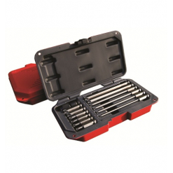 Werkzeuge – Qualität für Profis Ein rot-schwarzer Kunststoffwerkzeugkoffer ist geöffnet und enthält einen Satz SENECA Power Bit Klingen Set Torx T30-T60 SE-965 Bits, die ordentlich in geformten Schlitzen angeordnet sind. Jetzt kaufen