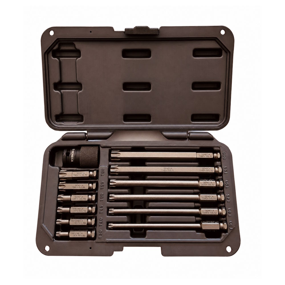 Werkzeuge – Qualität für Profis Ein Satz SENECA Power Bit Klingen Set Torx T30 - T60 SE-965 Steckschlüsseleinsätze in verschiedenen Größen, übersichtlich angeordnet in einem offenen schwarzen Kunststoffkoffer. Jetzt kaufen