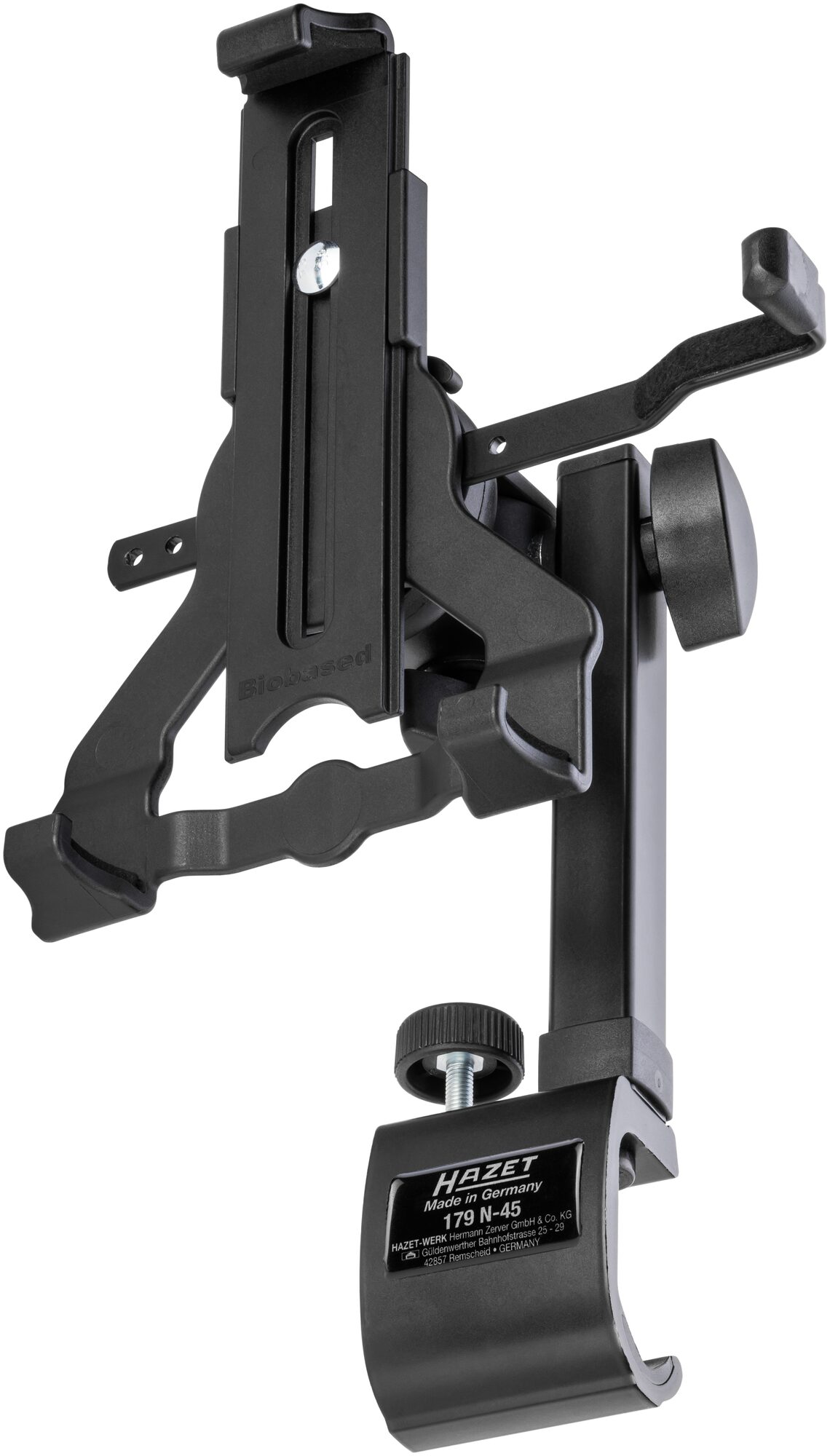 Werkzeuge – Qualität für Profis Schwarzer Tablet-Halter aus Metall mit verstellbaren Armen und Klemmfuß, zur Befestigung an Oberflächen konzipiert. Jetzt kaufen