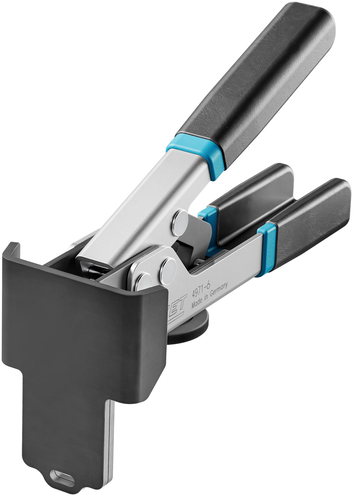 Werkzeuge – Qualität für Profis Metallhandwerkzeug mit schwarzen und silbernen Bauteilen, blauen Akzenten und zwei schwarzen Griffen. Das vordere Ende verfügt über eine breite, flache Grifffläche mit einer rechteckigen Aussparung. Jetzt kaufen