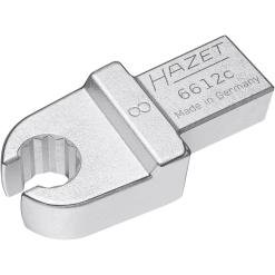 Werkzeuge – Qualität für Profis Nahaufnahme eines silbernen Hazet 6612C-Schraubenschlüsselkopfes aus Metall mit offenem Ende und gerillter Innenkante, gekennzeichnet mit „Made in Germany“. Jetzt kaufen