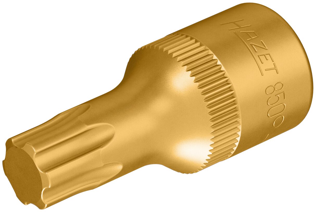 Werkzeuge – Qualität für Profis Goldfarbenes Hazet 850-Steckschlüsselbit mit geriffeltem Griff und sternförmiger Spitze, fotografiert vor weißem Hintergrund. Jetzt kaufen