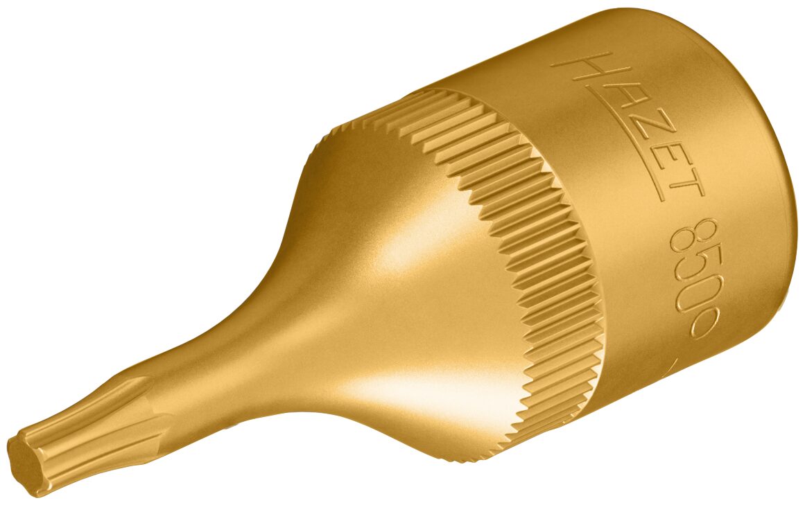 Werkzeuge – Qualität für Profis Goldfarbener Hazet 850 T Torx-Steckschlüssel mit geripptem Griff und eingraviertem Markenzeichen, abgebildet vor weißem Hintergrund. Jetzt kaufen