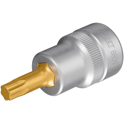 Werkzeuge – Qualität für Profis Nahaufnahme einer Hazet 8809 TORX-Bit-Stecknuss mit einem goldfarbenen Bit und einem silberfarbenen Metallgehäuse, auf dessen Seite eine Gravur zu sehen ist. Jetzt kaufen