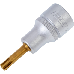 Werkzeuge – Qualität für Profis Ein Adapter für Steckschlüssel mit metallischer Fassung, einer goldfarbenen, sternförmigen Spitze und der Gravur „HOZET“ auf dem silbernen Schaft. Jetzt kaufen