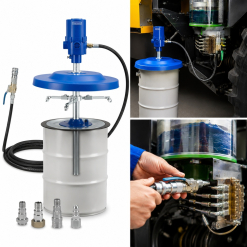 Werkzeuge – Qualität für Profis PRESSOL LubeFILL 10 PRO Schmierfett-Befüllsystem für Zentralschmiereinheiten (15 kg | 19 000 501) mit blauem Motor, Schläuchen und Anschlüssen, dargestellt in Produkt- und Anwendungsansichten mit detaillierten Nahaufnahmen der Anschlüsse an Maschinen. Jetzt kaufen