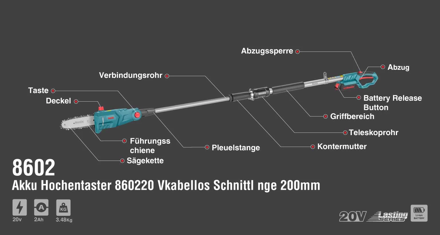 Werkzeuge – Qualität für Profis Eine beschriftete Zeichnung einer Akku-Stangensäge mit auf Deutsch gekennzeichneten Bauteilen, darunter der Griff, die Teleskopstange, die Sägekette und der Entsperrknopf für den Akku. Jetzt kaufen