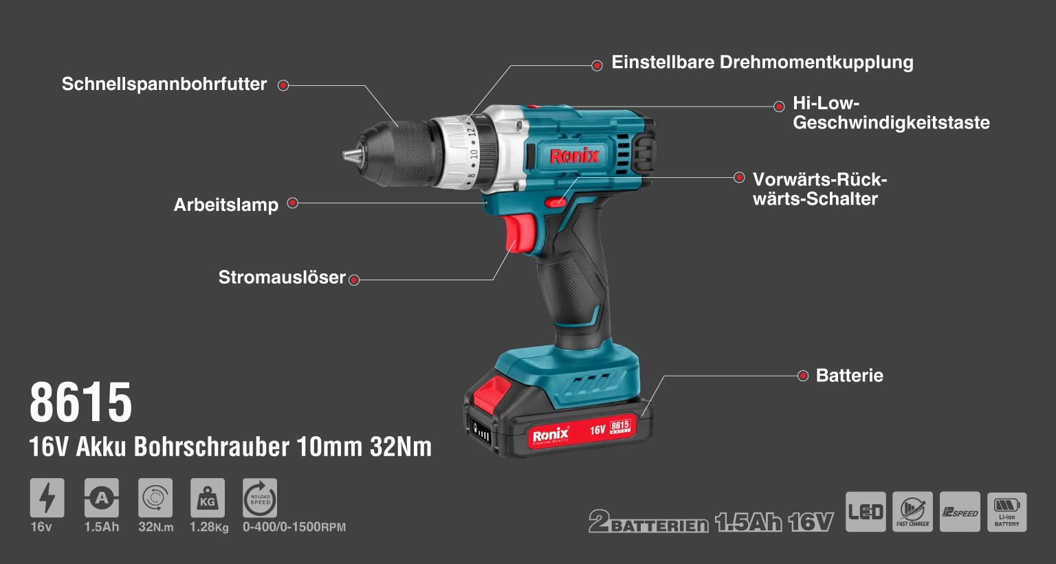 Ronix 8615 16V Akku-Bohrschrauber 10 mm - 32 Nm – Bild 4