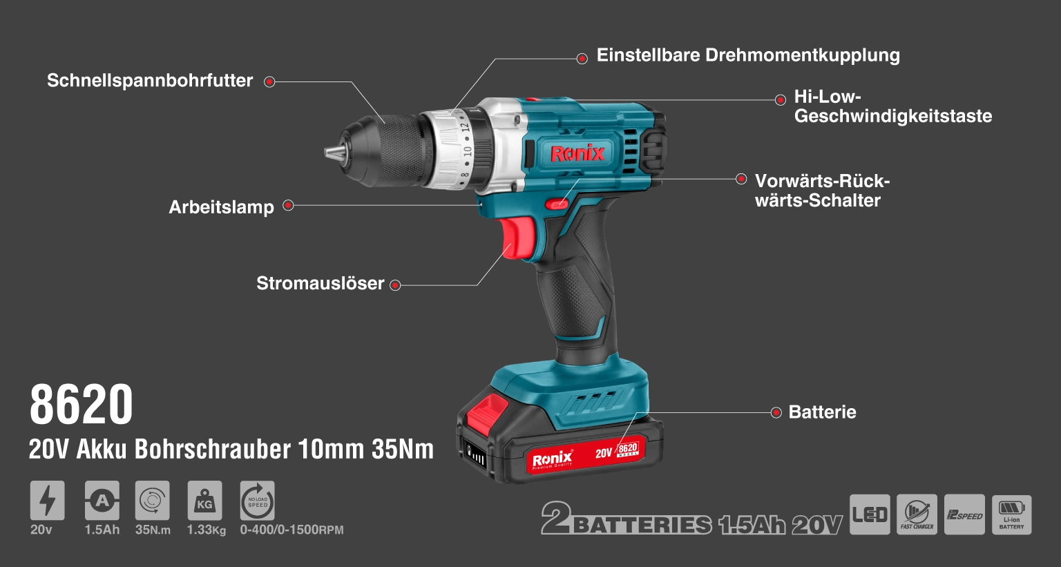 Ronix 8620 Akku-Schlagbohrschrauber 20 V 10 mm 35 Nm – Bild 4