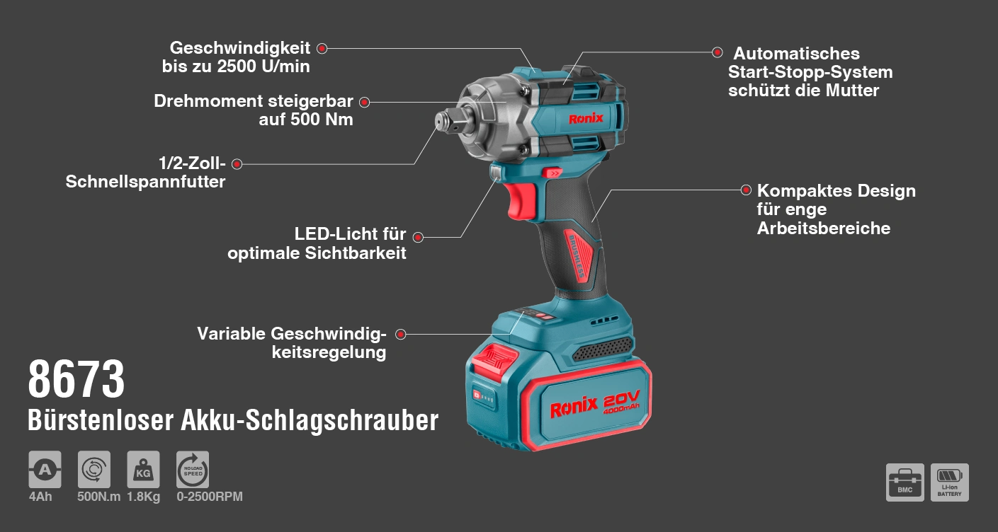 Werkzeuge – Qualität für Profis Akku-Schlagschrauber mit bürstenlosem Motor und folgenden gekennzeichneten Merkmalen: 20-V-Akku, LED-Beleuchtung, stufenlose Drehzahlregelung, kompaktes Design, Schnellspannfutter und 500 Nm Drehmoment, dargestellt auf grauem Hintergrund. Jetzt kaufen