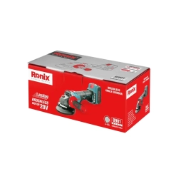 Werkzeuge – Qualität für Profis Auf einer rot-grauen Ronix-Verpackung ist ein bürstenloser 20-V-Winkelschleifer abgebildet, wobei auf der Verpackung Bilder des Werkzeugs sowie Produktinformationen aufgedruckt sind. Jetzt kaufen