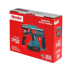 Werkzeuge – Qualität für Profis Roter und schwarzer bürstenloser Ronix 20V-Bohrhammer in der Verpackung, auf der Produktdetails und ein Bild des Geräts abgebildet sind. Jetzt kaufen