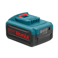 Werkzeuge – Qualität für Profis Ein wiederaufladbarer 20-V-Akku vom Typ Ronix mit 4000 mAh, ausgestattet mit einem roten Entriegelungshebel, Kontrollleuchten und einem Einschaltknopf am schwarzen und türkisfarbenen Gehäuse. Jetzt kaufen