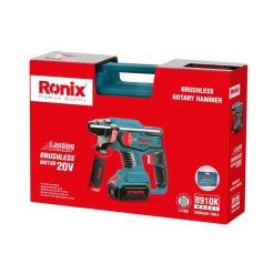 Werkzeuge – Qualität für Profis Roter und blauer bürstenloser Ronix-Bohrhammer in der Verpackung, mit Produktabbildung, technischen Daten und der Modellbezeichnung 8910K für den 20-V-Akku-Betrieb. Ebenfalls abgebildet ist eine Tragetasche. Jetzt kaufen