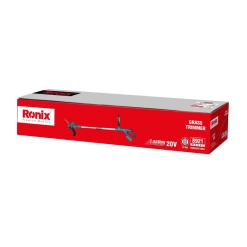 Werkzeuge – Qualität für Profis Rote und weiße Ronix-Verpackung mit einem 20-V-Akku-Rasentrimmer, Modell 8921, mit Produktabbildung und Markenlogo auf der Verpackung. Jetzt kaufen