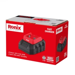 Werkzeuge – Qualität für Profis Rotes und schwarzes Ronix-Schnellladegerät für Akku-Werkzeuge, abgebildet auf der Produktverpackung, wobei die technischen Daten und das Markenlogo auf der Verpackung zu sehen sind. Jetzt kaufen