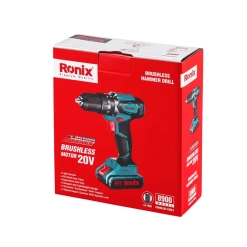 Werkzeuge – Qualität für Profis Auf einer rot-weißen Verpackung ist ein bürstenloser Ronix 20V-Bohrhammer abgebildet, wobei auf der Verpackung ein Bild des Werkzeugs sowie Produktdetails aufgedruckt sind. Jetzt kaufen