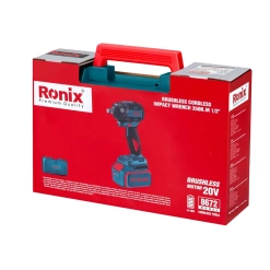 Werkzeuge – Qualität für Profis Rote und schwarze Ronix-Box mit Griff, auf deren Vorderseite ein Bild eines bürstenlosen 20-V-Akku-Schlagschraubers sowie Produktdetails abgebildet sind. Jetzt kaufen