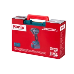 Werkzeuge – Qualität für Profis Rote und schwarze Ronix-Verpackung mit Abbildung und Angaben zu einem bürstenlosen Akku-Schlagschrauber, 20 V, 350 N·m, Modell 8673, mit rotem Tragegriff. Jetzt kaufen