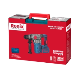 Werkzeuge – Qualität für Profis Rote und schwarze Ronix-Verpackung mit Abbildung eines bürstenlosen Akku-Bohrhammers, beschriftet mit „20 V“, Modell 8679, links ist die Tragetasche abgebildet. Jetzt kaufen
