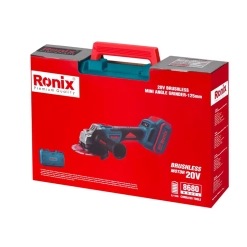 Werkzeuge – Qualität für Profis Rote und schwarze Ronix-Verpackung mit einem bürstenlosen 20-V-Mini-Winkelschleifer, Modell 8680, mit auf der Verpackung abgebildeter Tragetasche. Jetzt kaufen