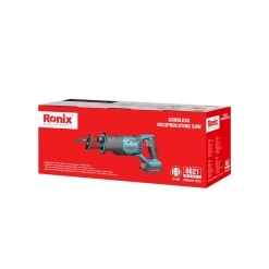 Werkzeuge – Qualität für Profis Rote und weiße Ronix-Verpackung mit der Akku-Säbelsäge 8621 von RONIX, auf der das Produktbild und die technischen Daten abgebildet sind und deren Effizienz und Vielseitigkeit bei verschiedenen Sägearbeiten hervorgehoben werden. Jetzt kaufen