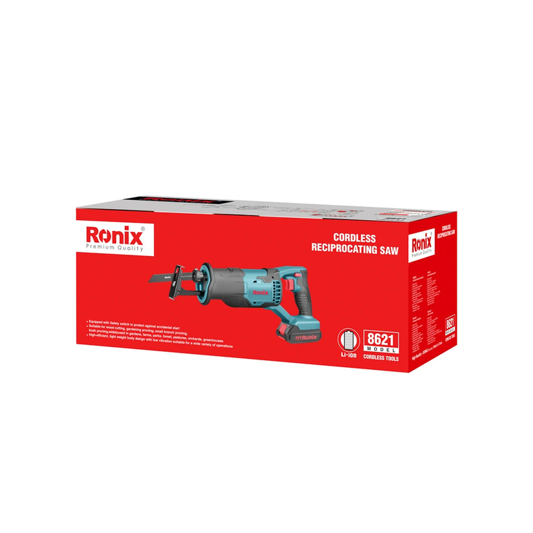 Werkzeuge – Qualität für Profis Rote und weiße Ronix-Verpackung mit der Akku-Säbelsäge 8621 von RONIX, auf der das Produktbild und die technischen Daten abgebildet sind und deren Effizienz und Vielseitigkeit bei verschiedenen Sägearbeiten hervorgehoben werden. Jetzt kaufen
