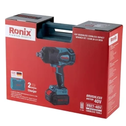 Werkzeuge – Qualität für Profis Rote Ronix-Verpackung mit einem 40-V-Akku-Schlagschrauber-Set (bürstenlos), bestehend aus Werkzeug, Ladegerät und zwei Akkus. Auf der Verpackung sind Etiketten und Produktdetails zu sehen. Jetzt kaufen