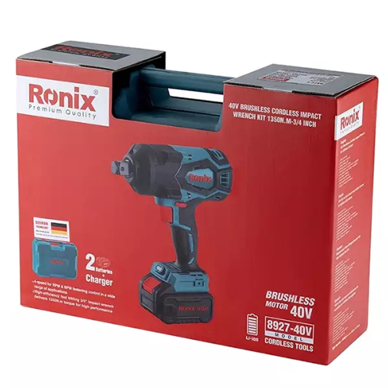 Werkzeuge – Qualität für Profis Rote Ronix-Verpackung mit einem 40-V-Akku-Schlagschrauber-Set (bürstenlos), bestehend aus Werkzeug, Ladegerät und zwei Akkus. Auf der Verpackung sind Etiketten und Produktdetails zu sehen. Jetzt kaufen