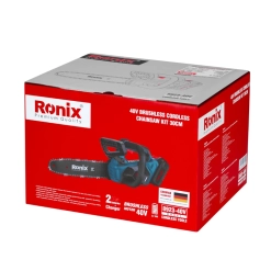 Werkzeuge – Qualität für Profis Rote und weiße Verpackung mit einem Ronix 40V-Bausatz für eine bürstenlose Akku-Kettensäge, auf der Produktbilder, Funktionen und technische Daten abgebildet sind. Jetzt kaufen