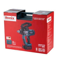 Werkzeuge – Qualität für Profis Rote und blaue Ronix 40V-Bürstenloser-Akku-Schlagschrauber-Set-Verpackung mit Abbildungen des Werkzeugs, des Akkus und des Ladegeräts sowie Produktdetails und Markenlogo. Jetzt kaufen