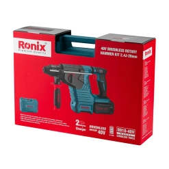 Werkzeuge – Qualität für Profis Rote und blaue Verpackung des Ronix 40V Brushless-Bohrhammer-Sets, auf der das Werkzeug, das Ladegerät, der Griff und die Produktdaten abgebildet sind. Jetzt kaufen