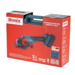 Werkzeuge – Qualität für Profis Rote Verpackung mit einem Ronix 40V-Mini-Winkelschleifer-Set (bürstenlos), auf der Abbildungen und technische Daten des Akku-Werkzeugs aufgedruckt sind. Jetzt kaufen
