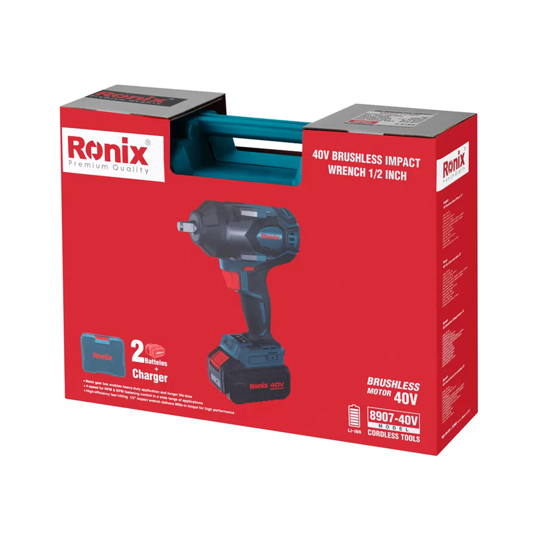 Werkzeuge – Qualität für Profis Verpackung des bürstenlosen Schlagschraubers „Ronix 40V“ in Rot und Blau, auf der das Werkzeug, zwei Akkus und ein Ladegerät abgebildet sind. Modell 8907-40V, 1/2 Zoll. Die Verpackung verfügt über einen Tragegriff. Jetzt kaufen