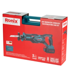 Werkzeuge – Qualität für Profis Verpackung des Ronix 40V-Bausatzes für eine bürstenlose Akku-Säbelsäge, auf der das Werkzeug, der Akku, das Ladegerät und der Koffer abgebildet sind, sowie Produktdetails und das Markenlogo auf der Verpackung. Jetzt kaufen