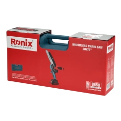 Werkzeuge – Qualität für Profis Rote Ronix-Verpackung für eine bürstenlose 20-V/8-Kettensäge, Modell 8658, mit einem Griff an der Oberseite und einem aufgedruckten Produktbild auf der Vorderseite. Jetzt kaufen