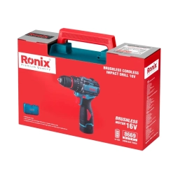 Werkzeuge – Qualität für Profis Rote und blaue Verpackungskartonage für einen bürstenlosen Akku-Schlagbohrer „Ronix 16V“ mit Produktabbildung, Markennamen und technischen Daten auf der Vorderseite. Jetzt kaufen