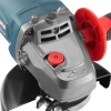 Werkzeuge – Qualität für Profis Nahaufnahme eines elektrischen Winkelschleifers, auf der das Motorgehäuse, die Lüftungsschlitze, der rote Einstellknopf und die Schutzhaube zu sehen sind. Jetzt kaufen