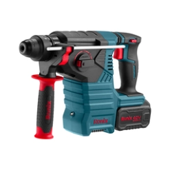 Werkzeuge – Qualität für Profis Ein kabelloser elektrischer Bohrhammer mit blau-schwarzem Gehäuse, roten Akzenten, einem Seitengriff und einem Akku am unteren Ende. Jetzt kaufen