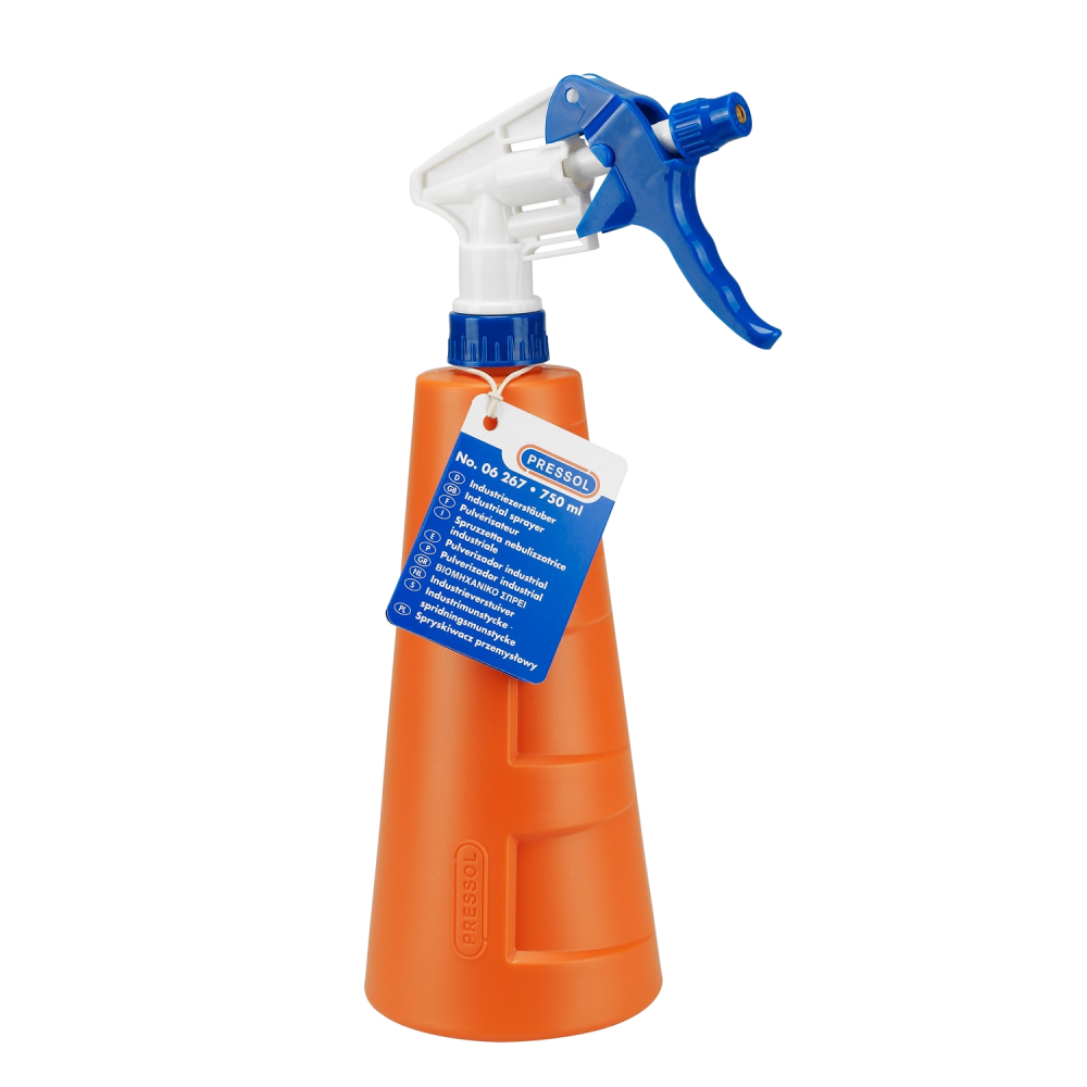 Werkzeuge – Qualität für Profis Orangefarbene 750-ml-Pressol-Industriesprühflasche mit blauem Sprühkopf und angebrachtem Produktetikett. Jetzt kaufen